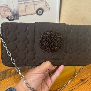 Vera Bradley Quilted Dark Brown Clutch with Pom Detail